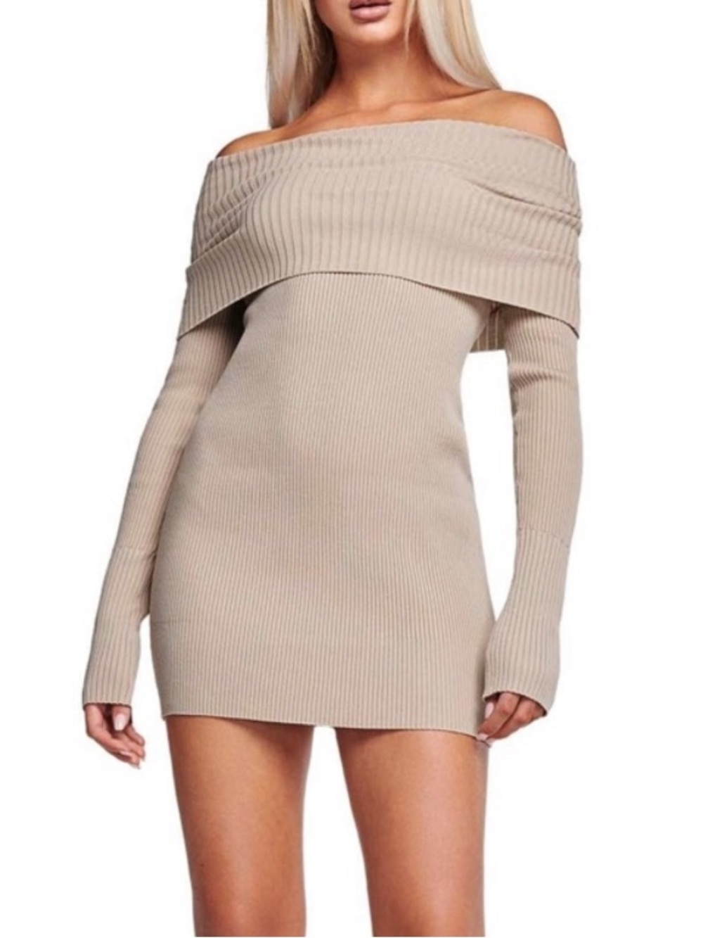 I.AM.GIA Quartz Dress Neutral Ribbed Off-shoulder Bodycon Stretch Mini Medium